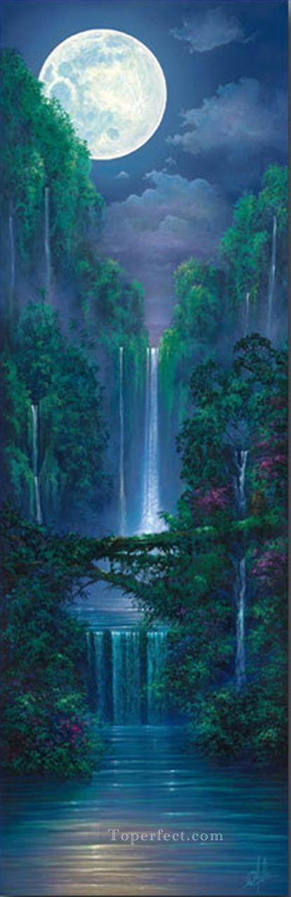 月夜の滝の熱帯雨林の山々油絵